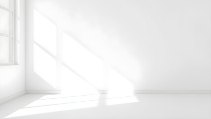 Fototapeta premium Minimalist White Wall Interior with Sunlight and Window Shadows Empty Room Background. Generative AI