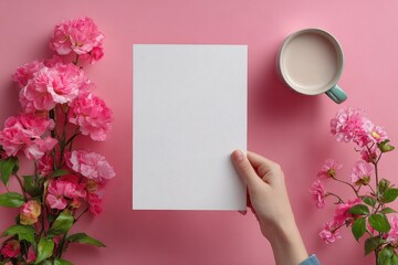 A hand grips empty watercolor paper, surrounded by soft pink flowers and a steaming cup of coffee on a bright surface, inviting creativity