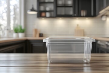 Glass food storage container with lid, large rectangular bowl, clear plastic blank packaging mockup on a wooden table in a modern kitchen interior background