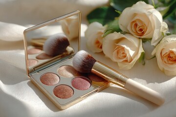 A beautifully arranged brown rose coral eyeshadow palette with a mirror sits next to a soft brush and fresh white roses, creating a serene atmosphere