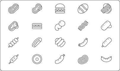Monochrome Set of Line Icons — Meat and Meat Products.Meat product line icon set. Vector pictograms of kebab, shashlik, ground beef, tartare, carpaccio, patty, pie, casserole, thin linear illustration