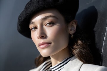 A sharply dressed woman with light tan skin showcases her confidence while leaning against a wall in a chic urban environment