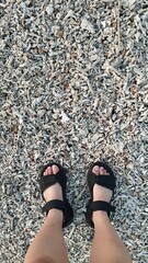 Feet in Black Sandals Standing on a Beach Covered with Broken Coral