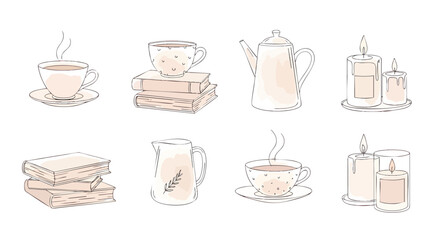 Cozy Hygge Home Essentials Hand-Drawn Illustration Set with Books, Coffee, Tea, and Candles