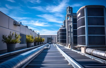 The roof of an industrial building with an air conditioning system, commercial air conditioning pipes, and potted plants on the rooftop in cold weather