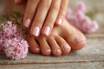 Perfectly groomed hands and feet rest on a rustic wooden surface, accented by delicate pink flowers, highlighting natural beauty
