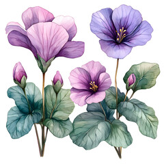 Watercolor painting of purple flowers and green leaves isolated on white background creating a vibrant floral composition