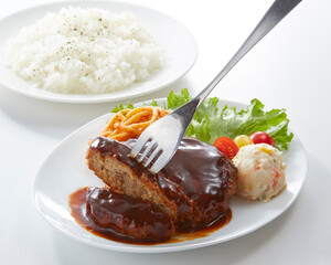 美味しそうに皿盛りされたハンバーグ