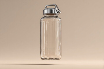 Transparent water bottle floats against a minimalist backdrop, emphasizing its sleek design and potential for personalization or branding