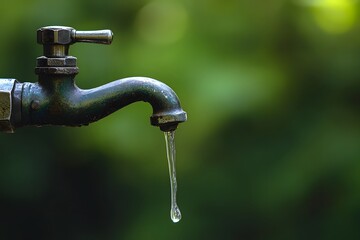 Water dripping from an old faucet, with a green background and ample space for text or design