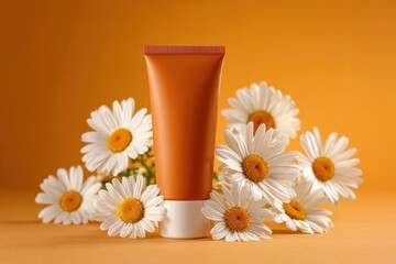 A tube of cream stands upright on a vibrant orange surface, complemented by fresh, white daisies scattered around it, creating a serene ambiance