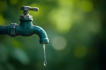 Water dripping from an old faucet, with a green background and ample space for text or design