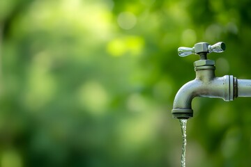 Water dripping from an old faucet, with a green background and ample space for text or design