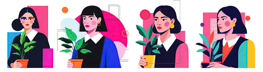 Young woman holding indoor plants in colorful artistic style . set illustrations