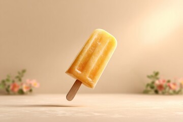 Bright mango popsicle floats elegantly above a smooth surface, surrounded by delicate floral elements in a softly lit atmosphere