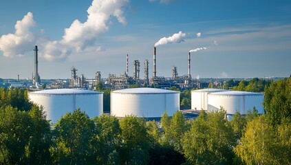 Modern white oil storage tanks in the background of an industrial plant, surrounded by green trees and a blue sky with clouds