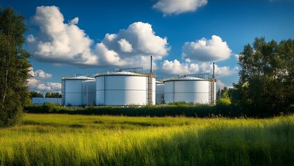 Modern white oil storage tanks in the background of an industrial plant, surrounded by green trees and a blue sky with clouds
