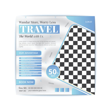 Travel business promotion web banner template design for social media. Travelling, tourism or summer holiday tour online marketing flyer, post or poster with abstract graphic background and logo