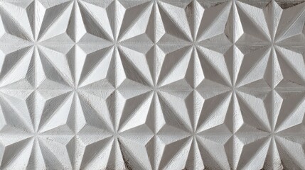 White surface with repeating geometric star pattern of raised and beveled polygons