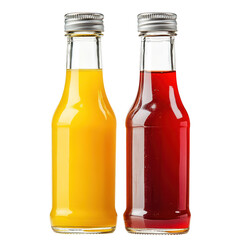 Two glass bottles filled with colorful beverages one yellow and one red isolated on transparent background
