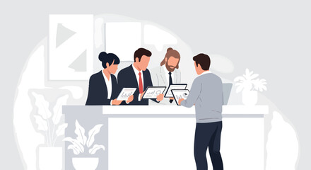 Professional Business Team Analyzing Data Reports On Tablets During Collaborative Office Meeting Illustration