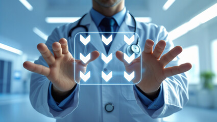 Doctor Interacting with Digital Interface Displaying White Downward Arrows for Clinical Data Visualization and Healthcare Innovation