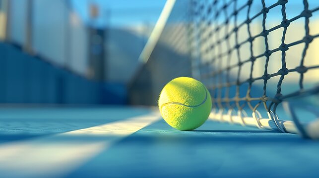 A tennis ball sits near the net on a blue court, ready for the next serve