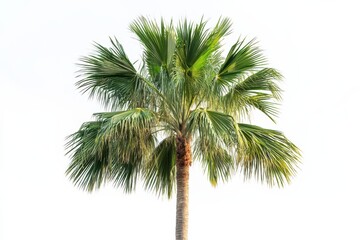 Fototapeta premium Tropical palm tree fronds against bright white sky summer vacation in paradise on white background. Generative Ai
