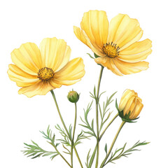 Watercolor yellow cosmos flower illustration for botanical art and floral design use
