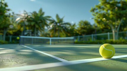 Tennis ball resting on the line of a green court with palm trees in the background