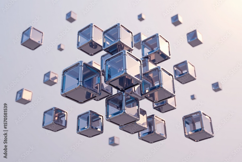 Fototapete Abstract 3D transparent cubes floating in space with soft lighting  