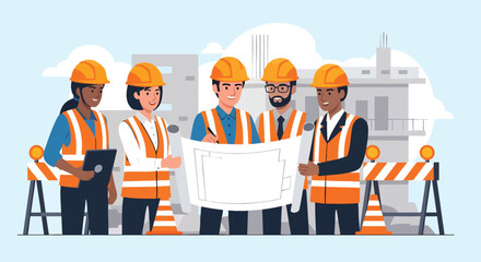 Diverse Team of Engineers and Architects Collaborating on Construction Project Blueprint at Site
