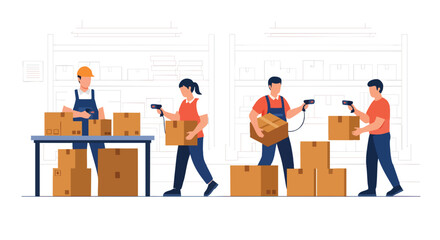 Warehouse Workers Scanning and Moving Boxes for Efficient Logistics and Inventory Management