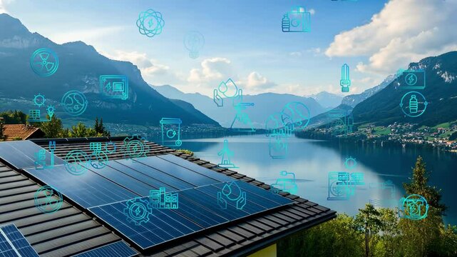 Distributed energy generation concept. Sustainable power from solar panels and wind turbines, stored in central battery for electricity distribution.