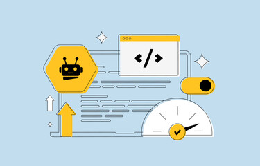 Fototapeta premium Technical SEO illustration featuring AI crawler, code snippet and speed indicator, symbolizing page speed optimization. AI SEO tools, code improvement and search engine crawler. Vector illustration