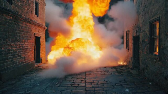 Exploding Bomb in Narrow Cobblestone Street with Sparks and Smoke