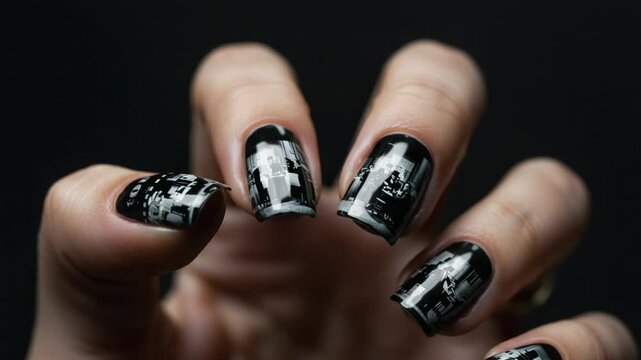 Elegant black nail art showcasing intricate designs