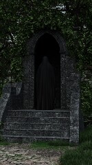 Fototapeta premium Enigmatic figure shrouded in darkness amidst an ancient, gothic architecture
