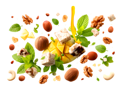 various types of floating nuts and fresh fruit with splashes and leaves isolated on a transparent background