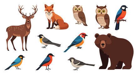 Cute Forest Animals and Diverse Wild Birds Vector Collection Isolated on White Background