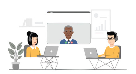 Diverse Professionals Collaborating Virtually on Laptops During Online Video Conference Call Meeting