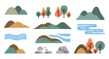 Minimalist Nature Landscape Elements Vector Set with Stylized Mountains, Trees, Water, and Rocks