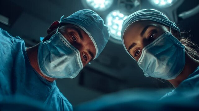 Patient perspective of diverse surgeons performing medical procedure, Male and female surgeons performing surgery under bright lights