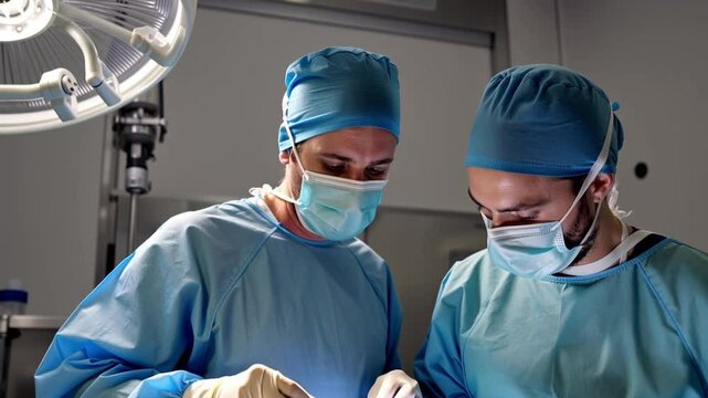 Focused male surgeons performing procedure in clinical setting