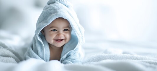 Obraz premium The happy baby wrapped in a soft blue towel with an adorable smile.