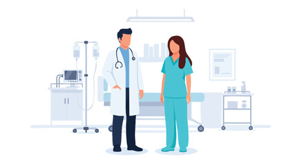 Professional Doctor and Nurse Team Standing in a Modern Hospital Room with Medical Equipment