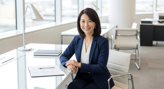 Smiling businesswoman working on laptop at her office desk