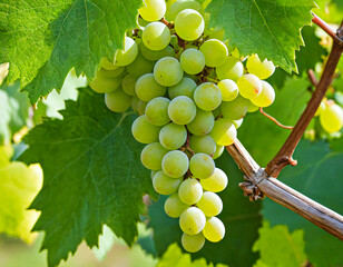 Bright green grape bunch hanging from vine with soft green light