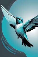 Obraz premium Abstract vector hummingbird mid-flight, icy cyan and charcoal black palette, minimalist cloud fade backdrop, elegant top-down angle