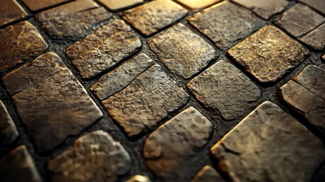 Close-up view of textured cobblestone pavement with warm lighting, showcasing intricate patterns